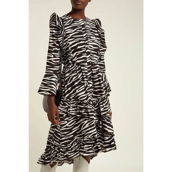 Ganni Women’s Zebra Animal Print Ruffle Modest Cotton Midi Dress Sz 38 (M) - Picture 9 of 9